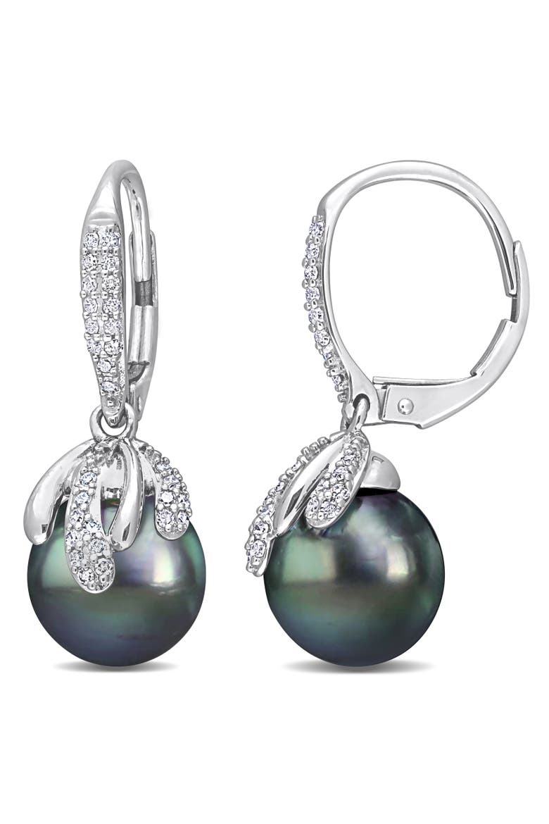 Pearl & Diamond Leverback Earrings 14k, Main, color, Tahitian Pearl/White Gold