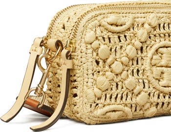 Tory Burch★Mini Miller T Monogram Raffia Crossbody かぎ針編 Mini Miller Raffia Crossbody Bag: Women's Designer Crossbody