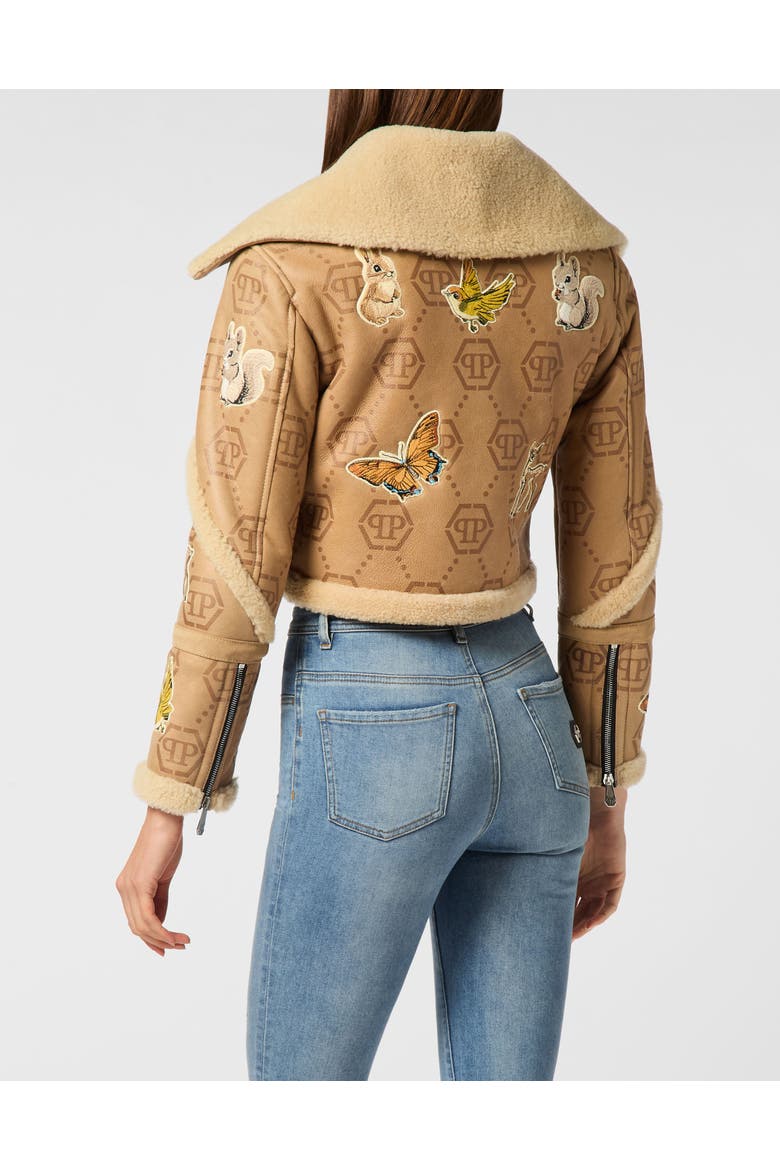 Cropped Embroidered Leather And Shearling Jacket Monogram Women, Alternate, color, beige