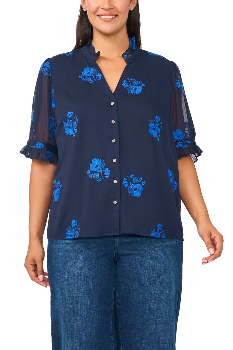 Ruffled V-Neck Elbow Sleeve Button Down Shirt, Main, color, CLASSIC NAVY