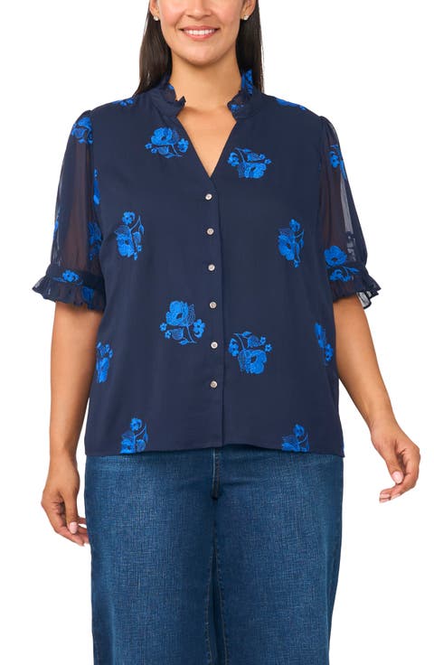 Ruffled V-Neck Elbow Sleeve Button Down Shirt