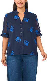CeCe Ruffled V-Neck Elbow Sleeve Button Down Shirt