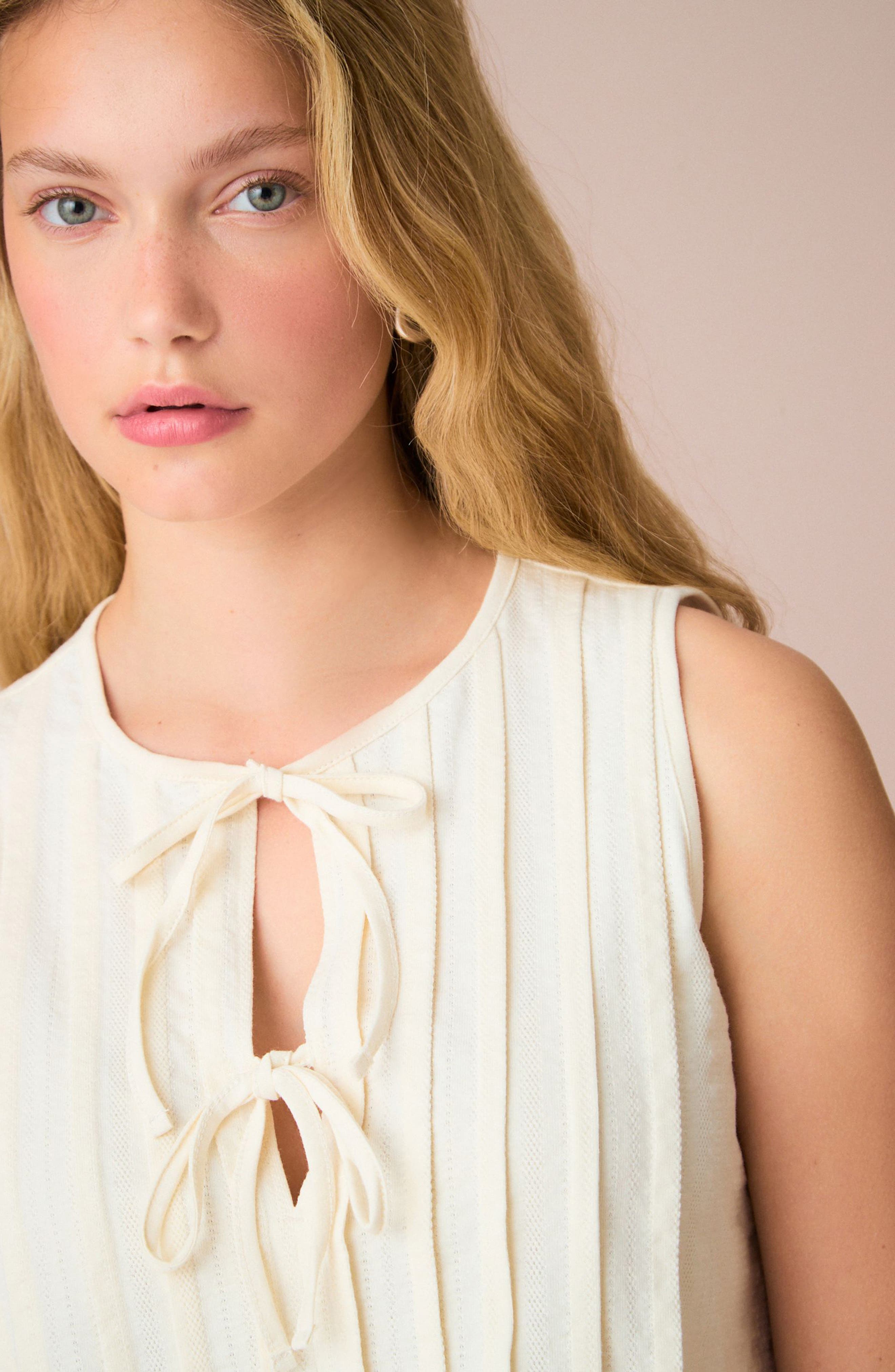 Pintuck Sleeveless Tie Front Cotton Top - image 2
