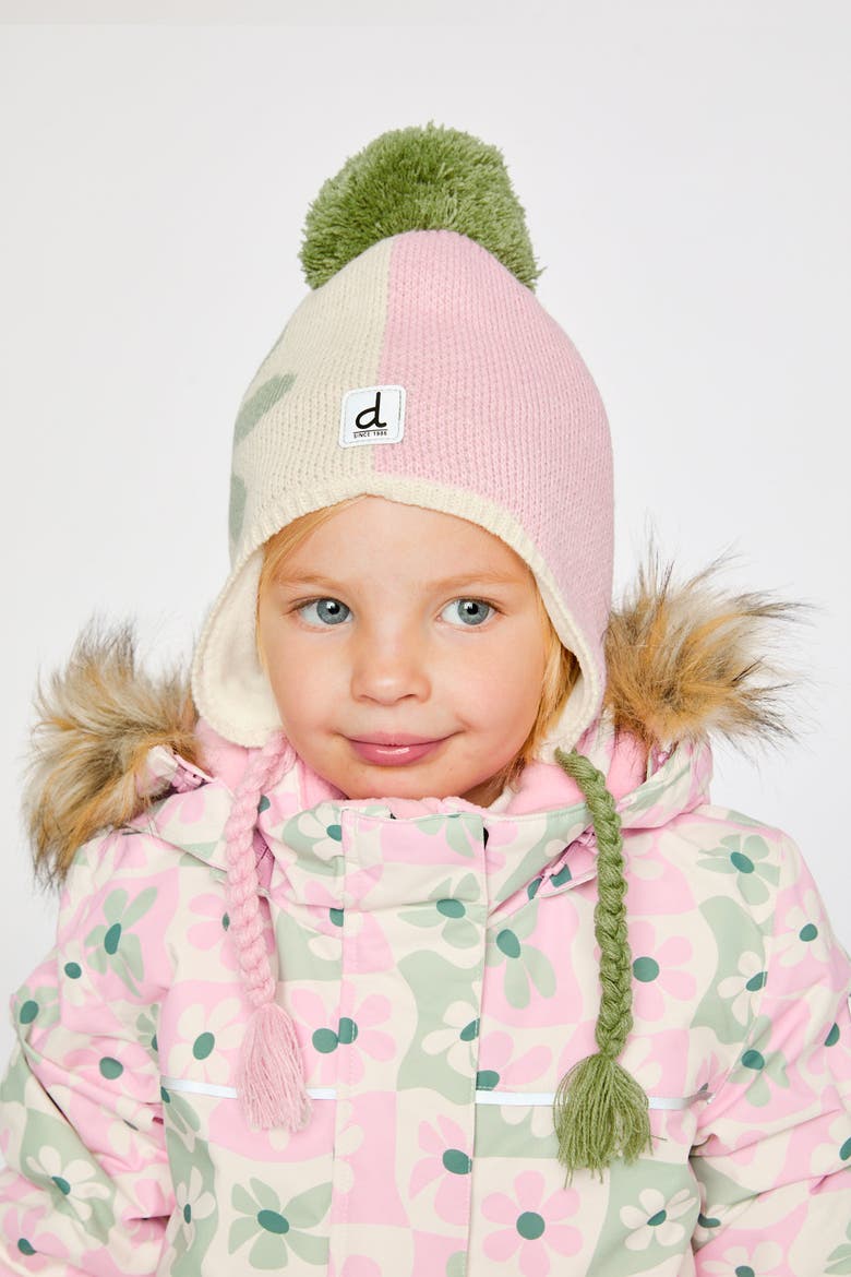 Winter Fleece Lined Braided Tassel Peruvian Knit Hat with Pompom, Alternate, color, Lavender Pink and Green
