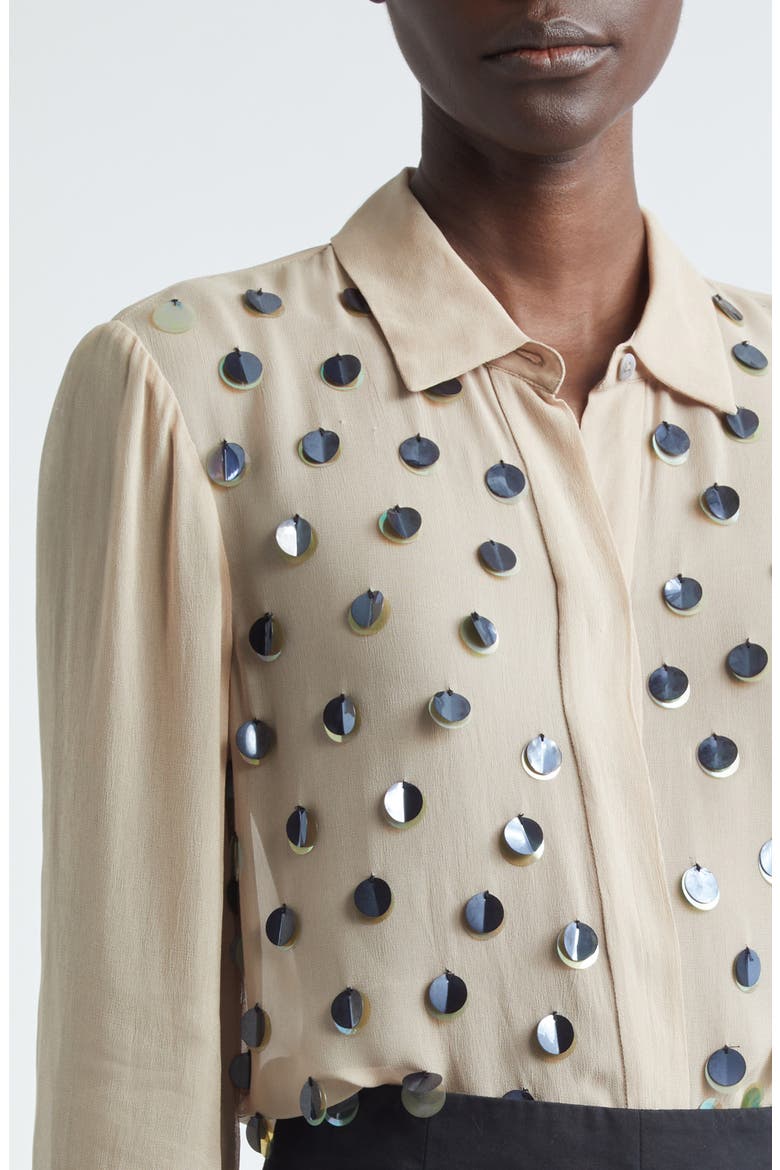 Paillette Embroidered Georgette Button-Up Shirt, Alternate, color, TAUPE