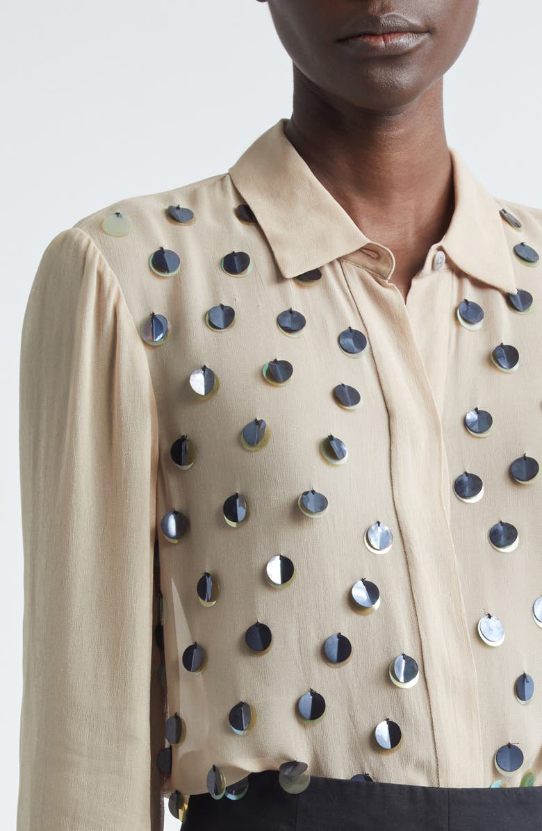 Lela Rose Paillette Embroidered Georgette Button-Up Shirt, Alternate, color, Taupe