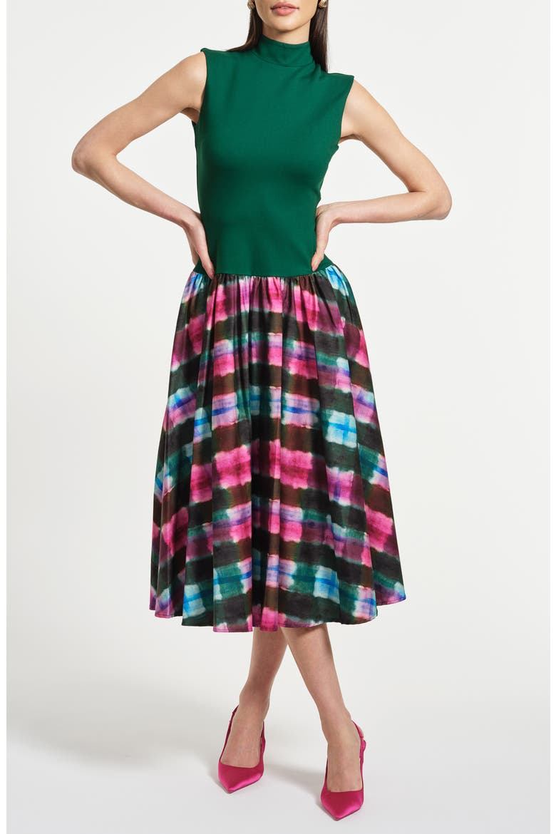 Sleeveless Ponte & Satin Midi Dress, Main, color, WATERCOLOR TARTAN