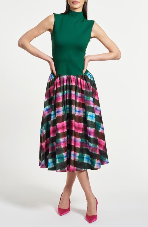 Sleeveless Ponte & Satin Midi Dress