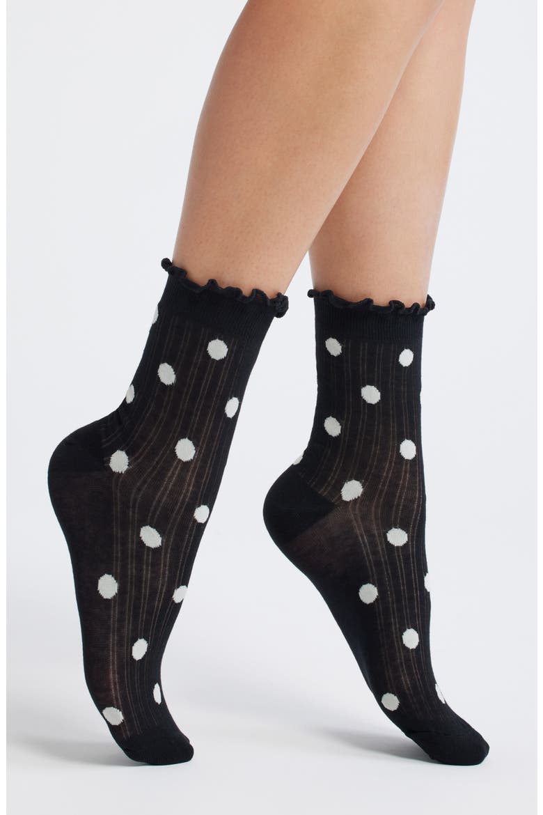 Claire Polka Dot Lettuce Edge Ankle Socks, Main, color, BLACK
