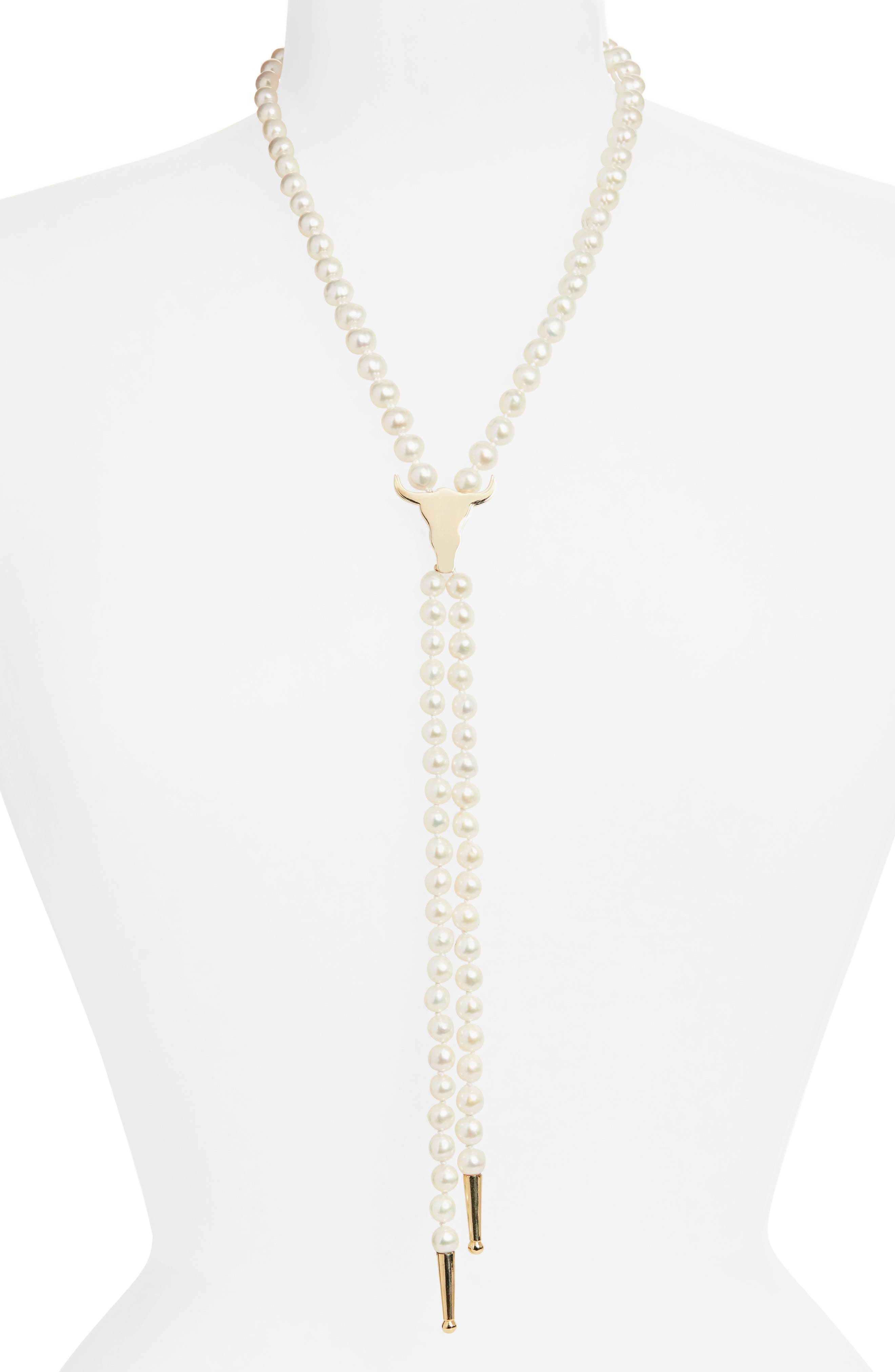 Established Genuine Cultured Pearl Steer Head Bolo Necklace (Women ...