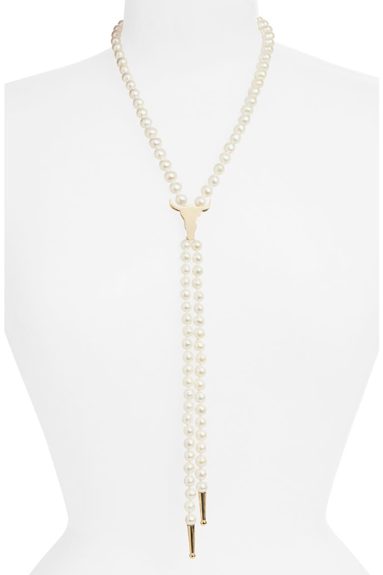 Genuine Cultured Pearl Steer Head Bolo Necklace, Alternate, color, YELLOW GOLD