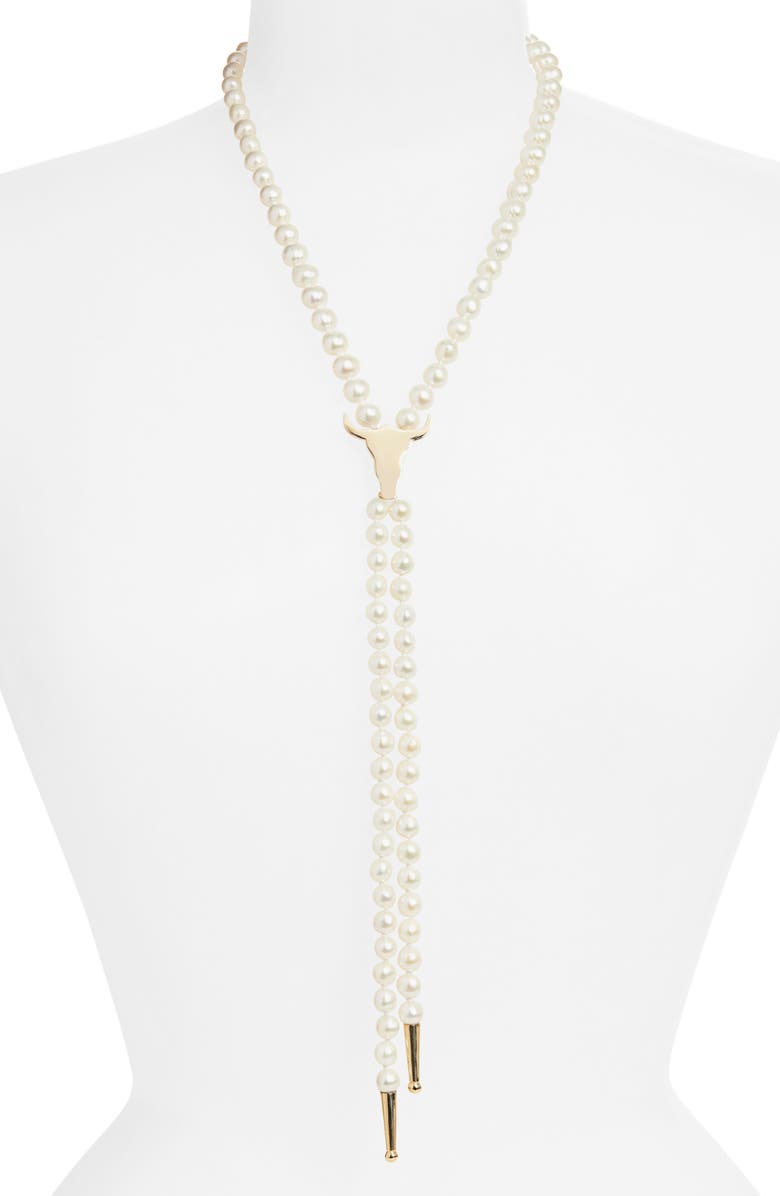 Established Genuine Cultured Pearl Steer Head Bolo Necklace, Alternate, color, Gold