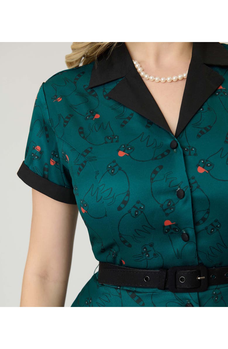 Unique Vintage Collared Short Sleeved Belted Alexis Swing Dress, Alternate, color, Teal Raccoon Print