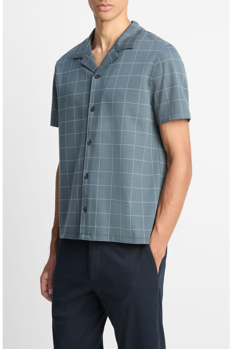 Windowpane Check Cotton Blend Camp Shirt, Alternate, color, DARK HARBOR BLUE/ OFF WHITE