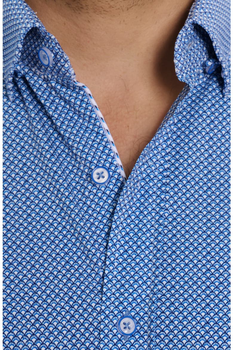 Shuler Deco Print Short Sleeve Stretch Cotton Button-Up Shirt, Alternate, color, BLUE