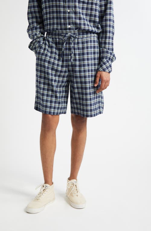 The Elder Statesman Dune Plaid Fringe Cotton Drawstring Beach Shorts In Blue