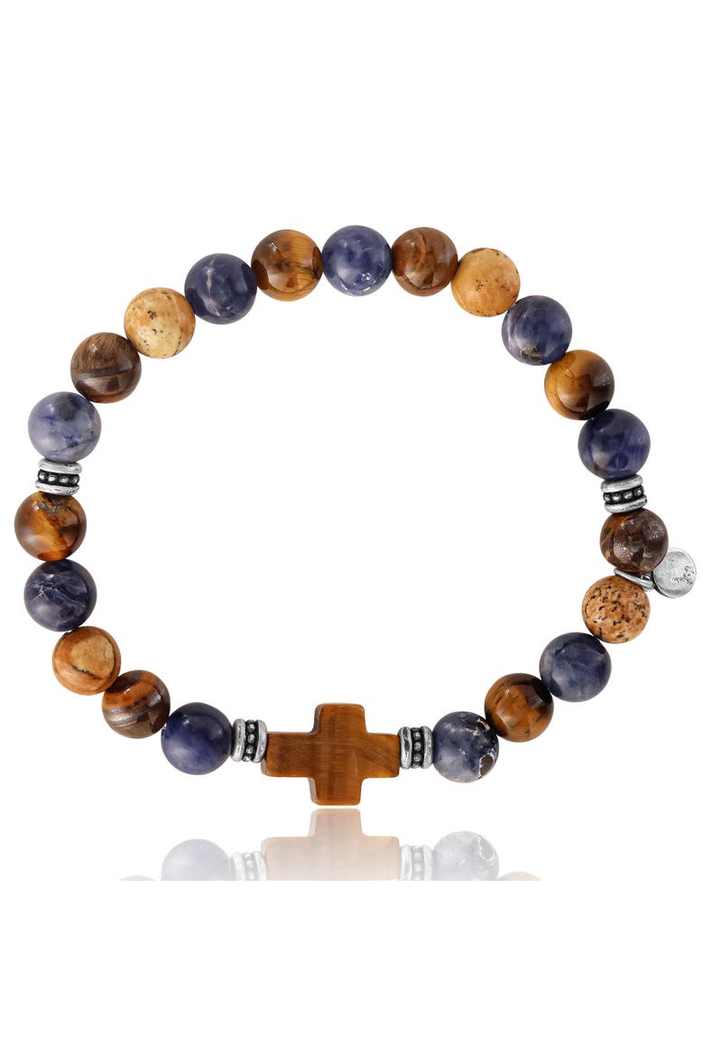 Sodalite Bead Stretch Bracelets with Cross Accents, Alternate, color, Blue, brown
