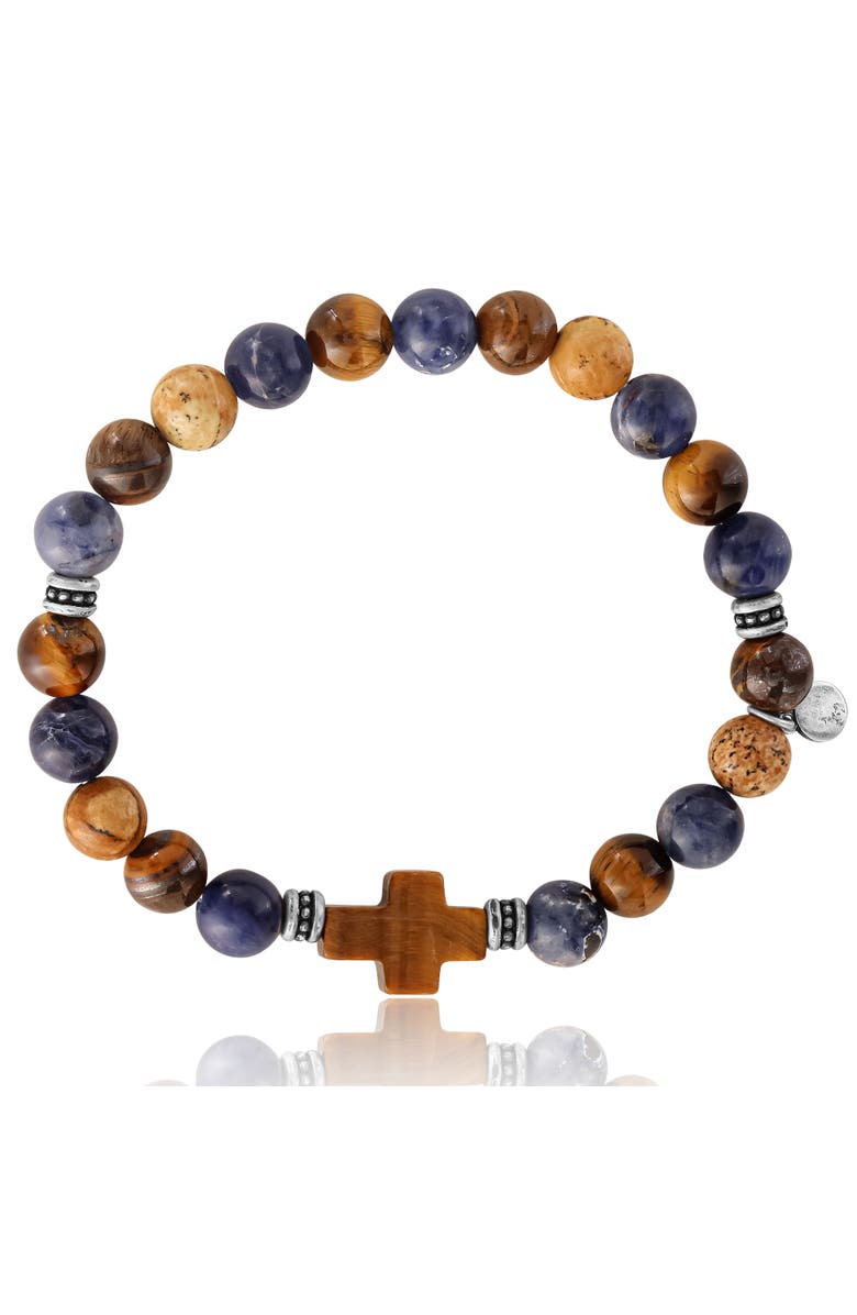 Lucky Brand Sodalite Bead Stretch Bracelets with Cross Accents, Alternate, color, Blue, Brown