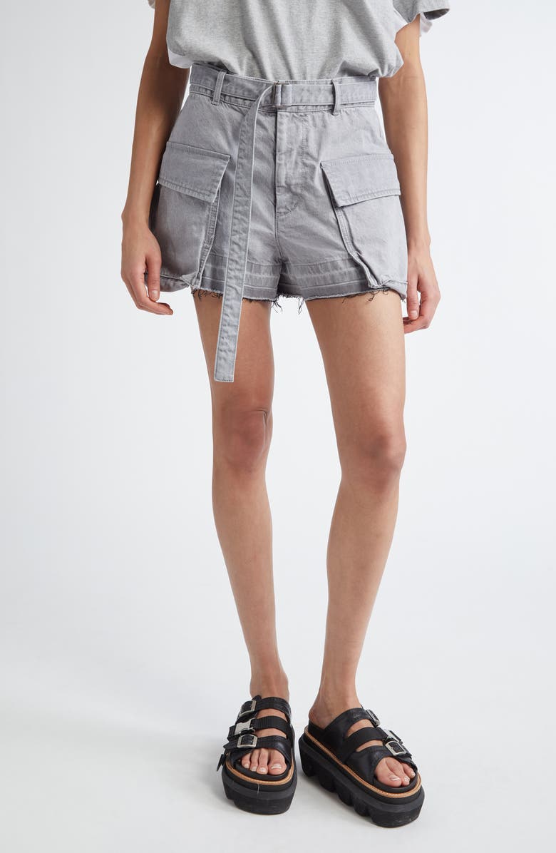 Sacai Belted Frayed Release Hem Cargo Denim Shorts, Main, color, Gray 301
