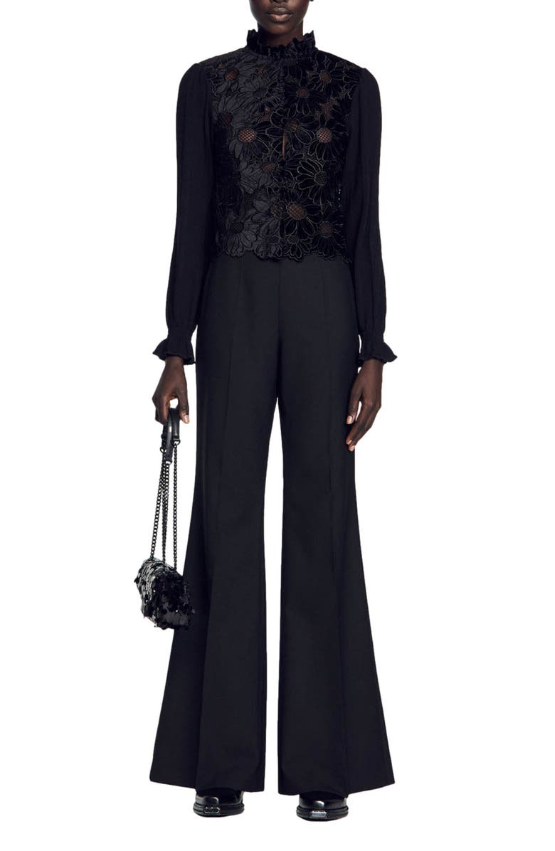 SANDRO May Floral Guipure Lace Mock Neck Velvet Top, Alternate, color, 