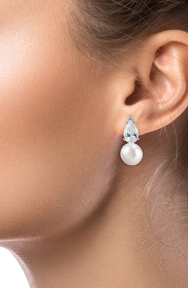 CZ by Kenneth Jay Lane Pear Cubic Zirconia & Drop Imitation Pearl Earrings, Alternate, color, White/Clear/Silver