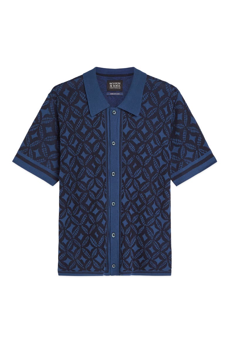 Knit Short Sleeve Button-Up Shirt, Alternate, color, TILES FLOWER SKY CAPTAIN