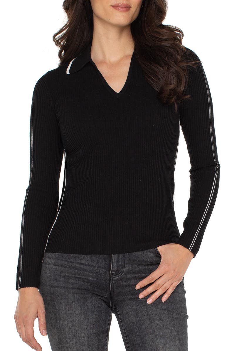 Liverpool Los Angeles Ottoman Rib V-Neck Sweater, Main, color, Black W/ Vintage White Stripe