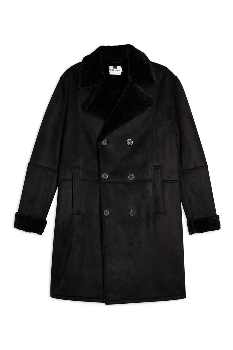 Classic Fit Longline Faux Shearling Coat, Alternate, color, BLACK