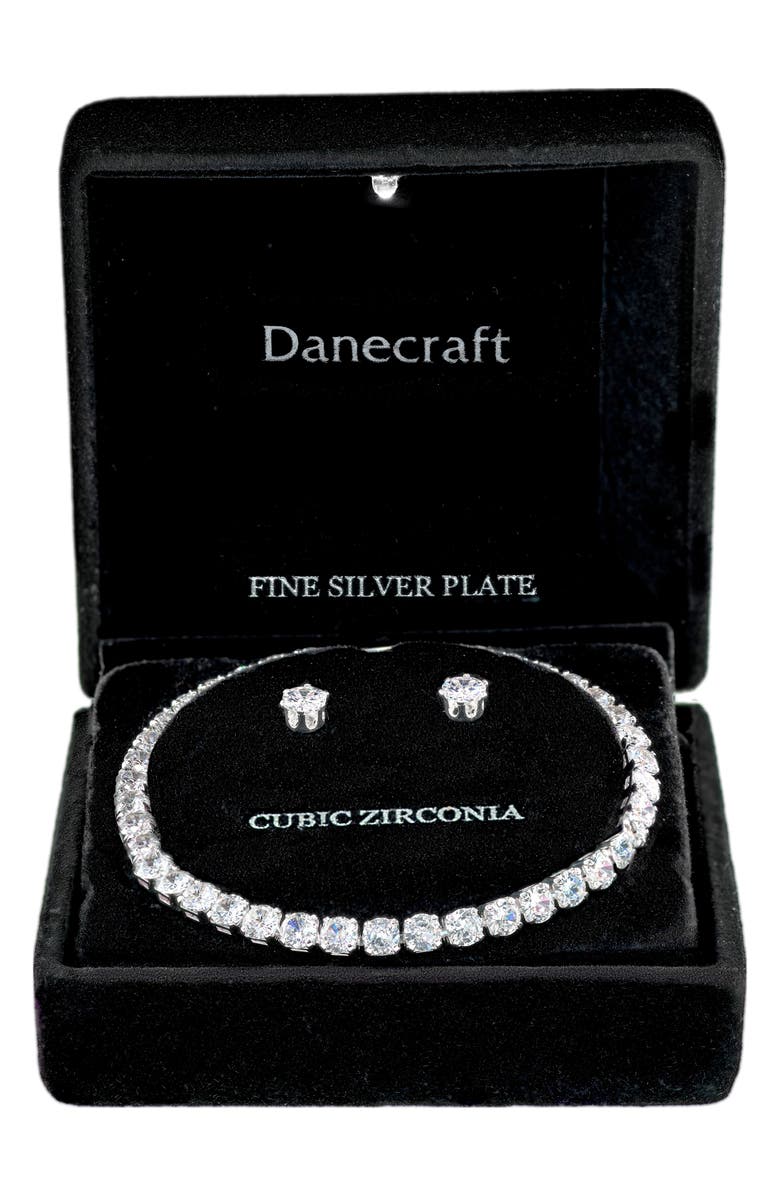 Danecraft Cubic Zirconia Tennis Bracelet & Stud Earrings Set, Main, color, Metallic Silver