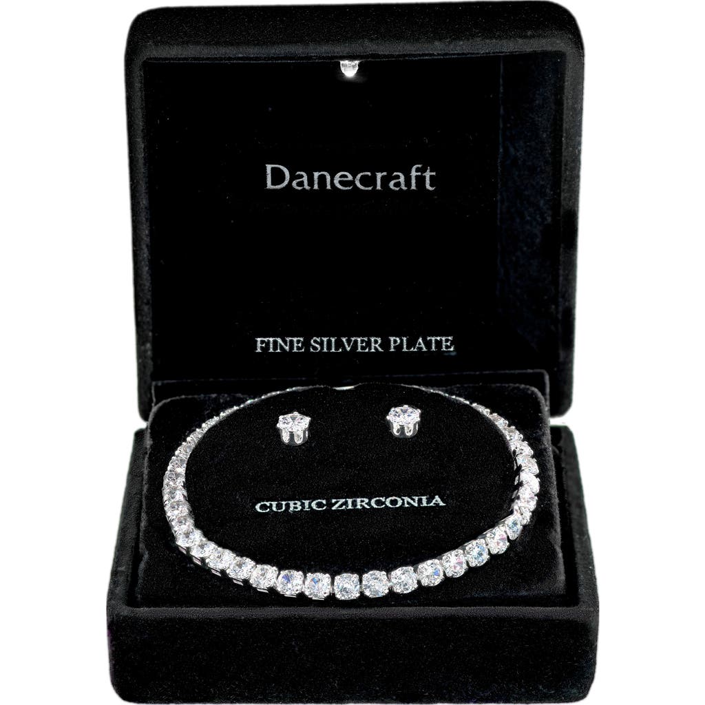Danecraft Cubic Zirconia Tennis Bracelet & Stud Earrings Set In Silver