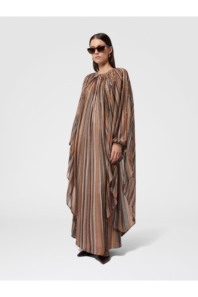 Long Caftan In Ribbed Viscose Lamé With Wide Sleeves, Alternate, color, Gold& Beige