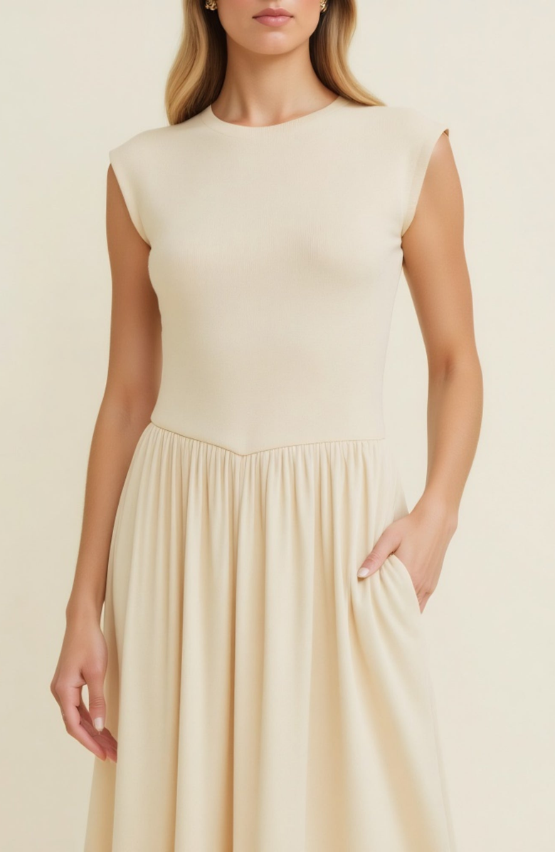 Modenaire Cap Sleeve Knit Bodice Dress with Flowy Midi Skirt and Side Pockets, Alternate, color, Beige