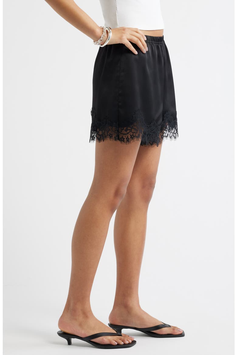 Lace Trim Satin Shorts, Alternate, color, BLACK