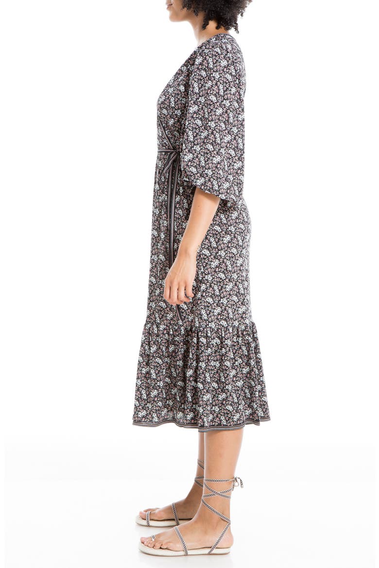 Textured Jersey Short Sleeve Wrap Midi Dress, Alternate, color, BLACK/ BLUSH MAGNOLIA CLUSTER
