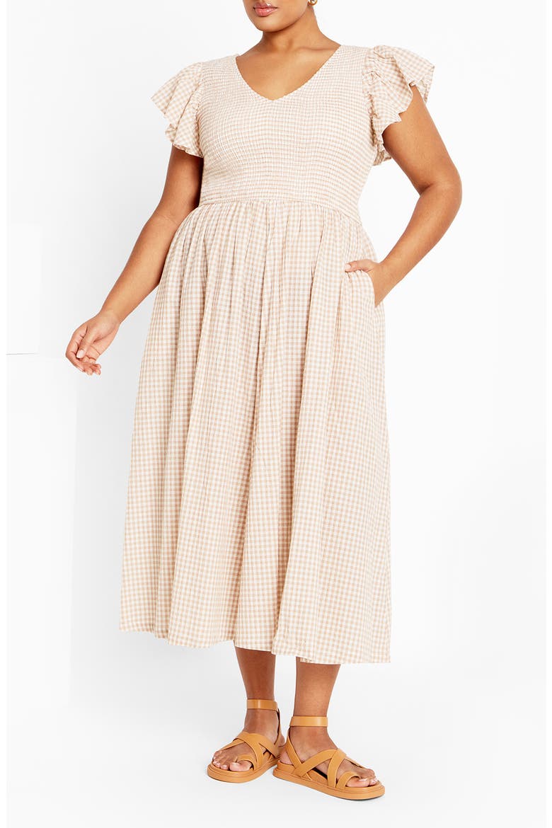 Charley Smocked Sundress, Main, color, NATURAL CHECK