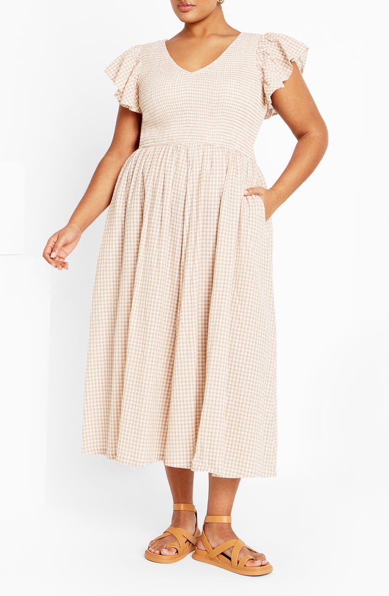 City Chic Charley Smocked Sundress, Main, color, Natural Check