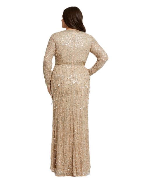 Mac Duggal Embellished Fringe Long Sleeve Gown In Nude Gold