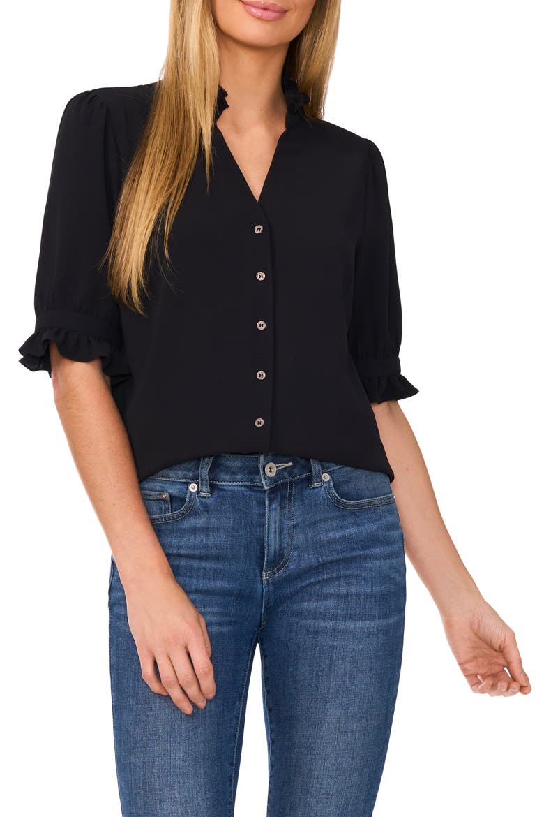 V-Neck Button-Up Shirt, Main, color, RICH BLACK