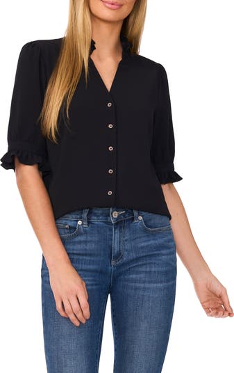 (取寄) シーシー レディース ラッフルド V ネック トップ CeCe women Ruffled V Neck Top Rich Black 00000000_zi_ab505372-5e5a-4106