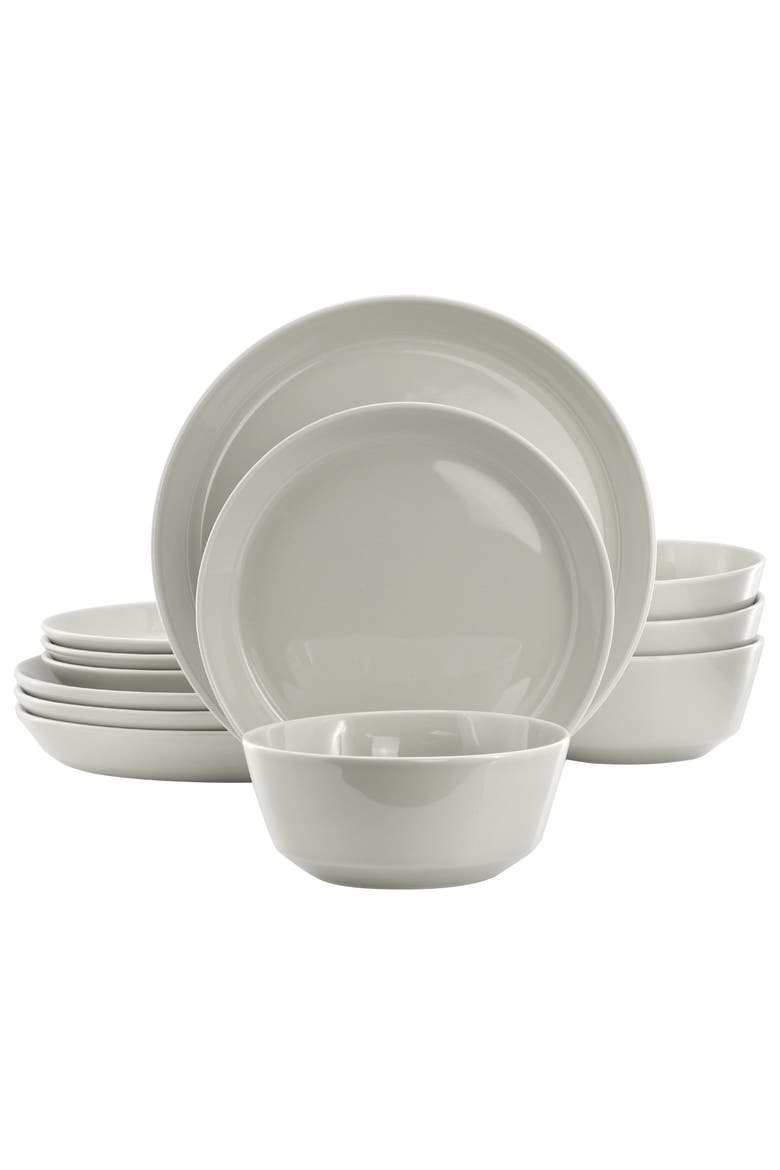 12 Piece Round Stoneware Dinnerware Set, Main, color, Grey