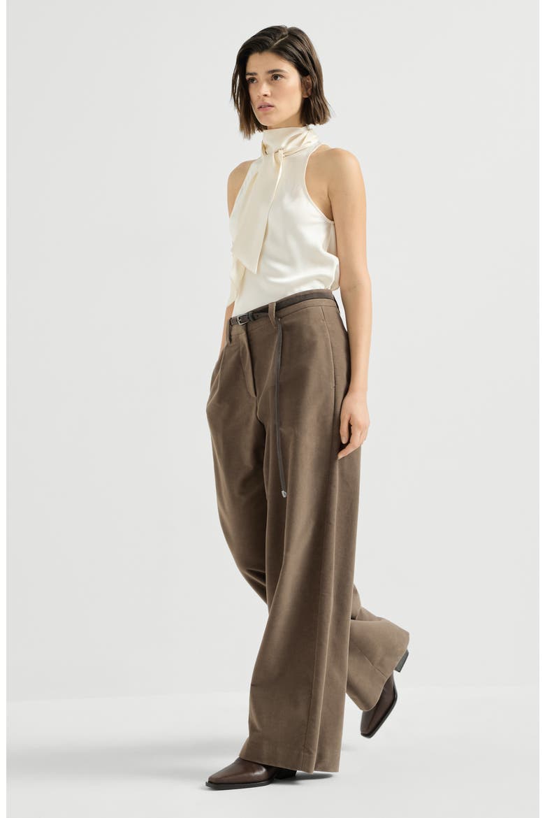 Stretch Cotton Moleskin Loose Tailored Trousers With Monili, Alternate, color, Brown