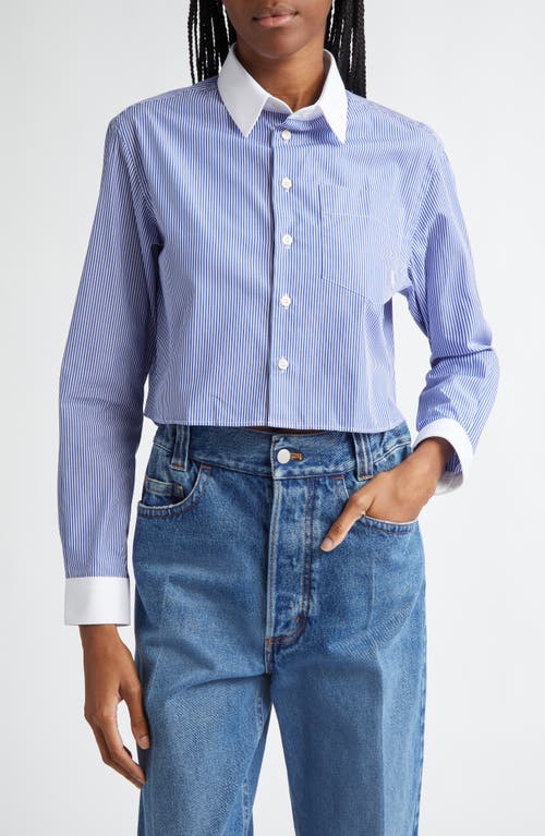 Sporty And Rich Sporty & Rich Vendome Oversize Crop Cotton Button-up Shirt In White/navy Stripe
