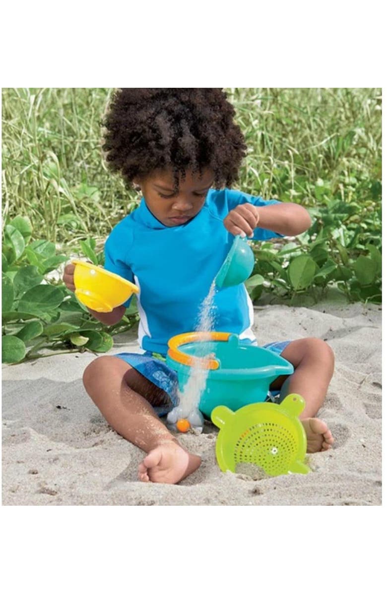 HABA Sand Bucket Scooter - 4 Piece Nesting Beach Toy Set, Toddler Beach Essentials with Sand Bucket, Sieve, Shovel, & Pail on Wheels for Toddlers 1-3, Alternate, color, Blue Multi