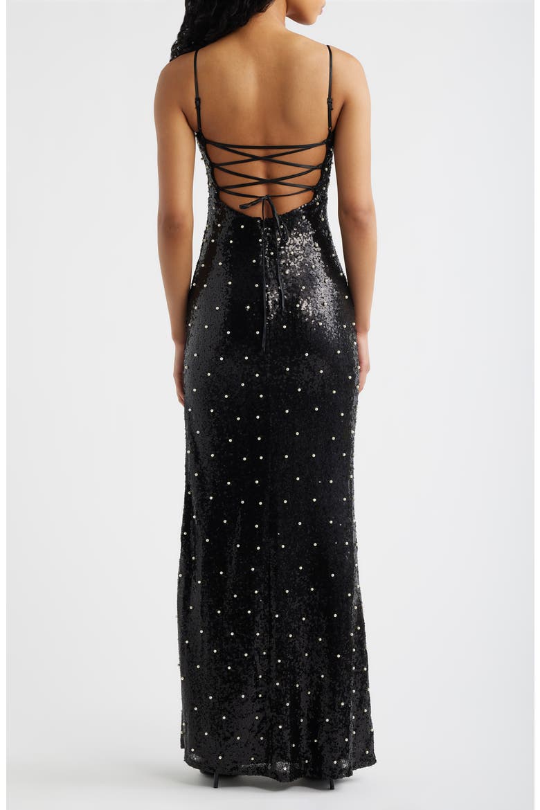 Sequin Faux Pearl Lace Up Gown, Alternate, color, BLACK / IVORY