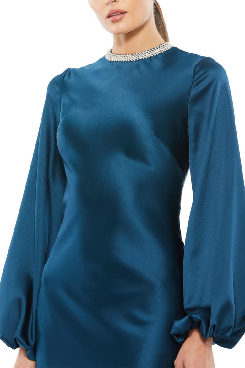 Petite Beaded High Neck Bishop Sleeve Satin Gown, Alternate, color, Sapphire