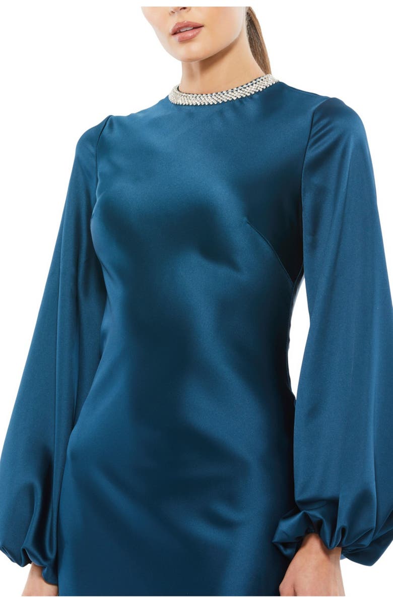 Mac Duggal Petite Beaded High Neck Bishop Sleeve Satin Gown, Alternate, color, Sapphire
