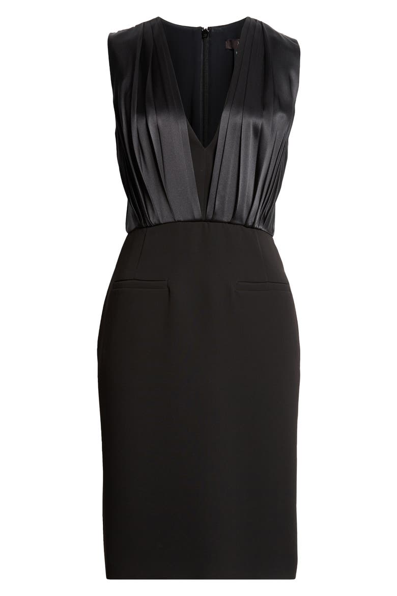 Vittor Pleated Overlay Sleeveless Cady Dress, Alternate, color, BLACK