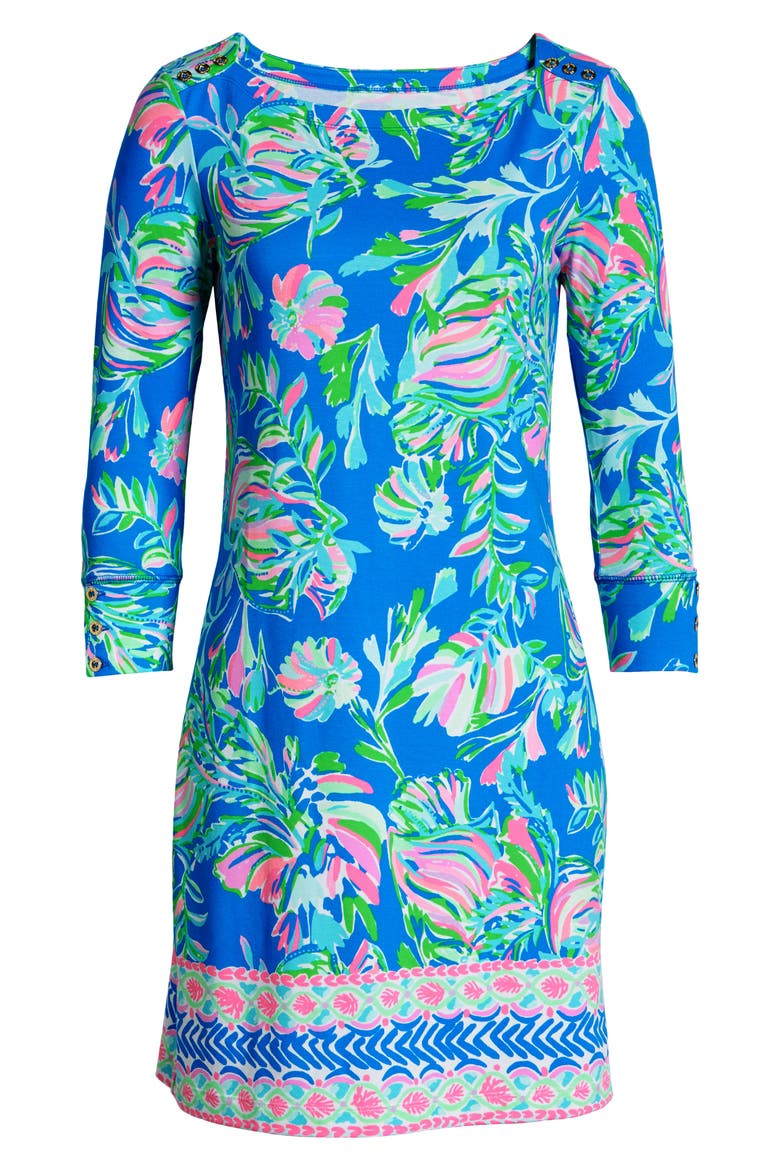 UPF 50+ Sophie Three Quarter Sleeve Shift Dress, Alternate, color, BLUE FLARE FANCY FINS