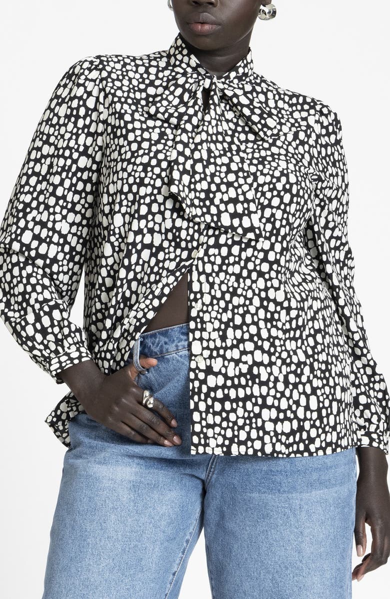 ELOQUII Dotted Tie Neck Button-Up Shirt, Main, color, 