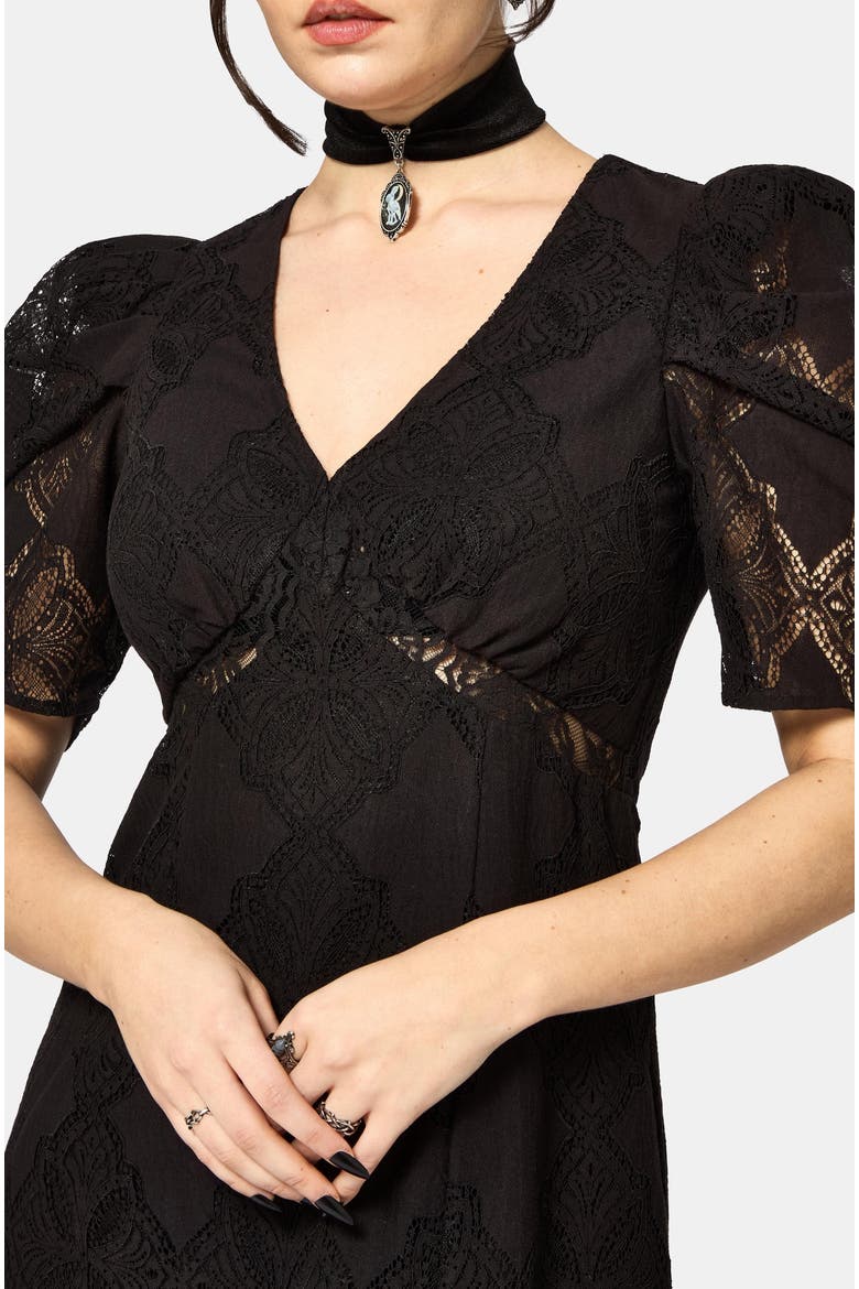 Zephyr Crossed Lace V-Neck Midi Dress, Alternate, color, Black